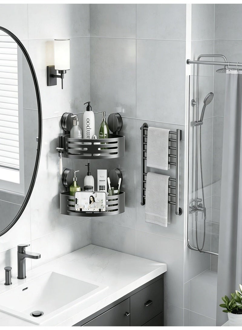 طقم رف دش مكون من قطعتين مزود بقاعدة شفط رف تخزين للحمام لا يحتاج إلى ثقب رف دش زاوية رمادي - Image 2